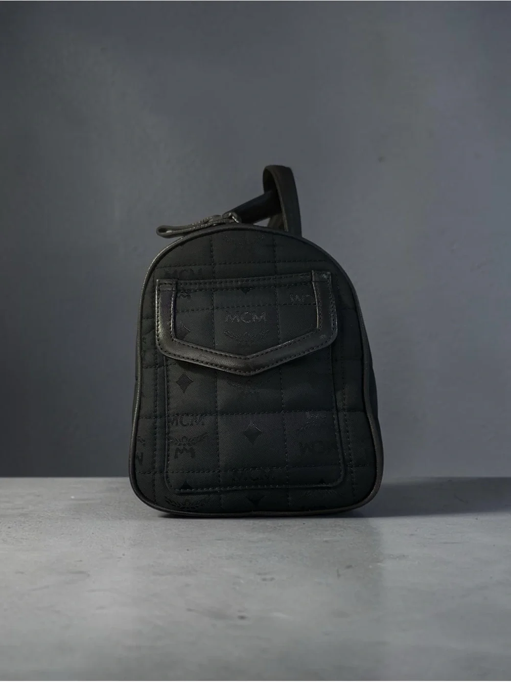 MCM Black Nylon Quilted Logo Satchel with Leather Top Handles and Side Pockets